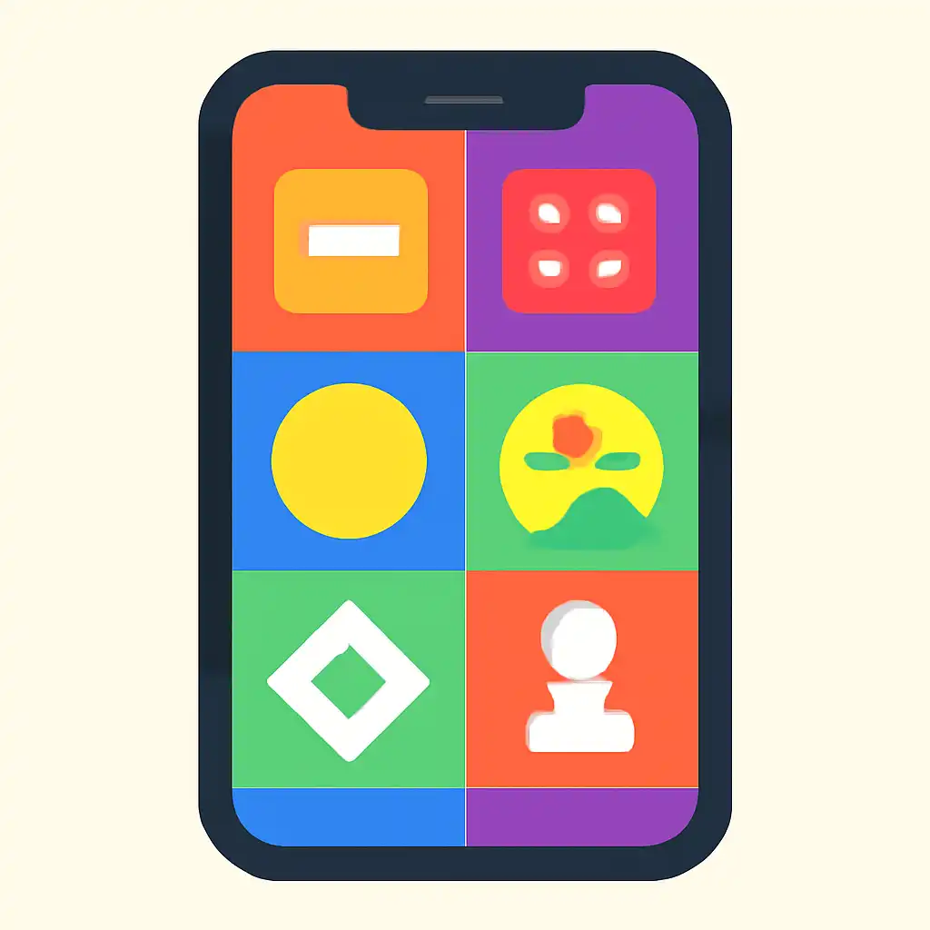 Smartphone shown from the front displaying a colourful flat layout of abstract game icons and rounded tiles (no text, no letters, no labels), Jai Win