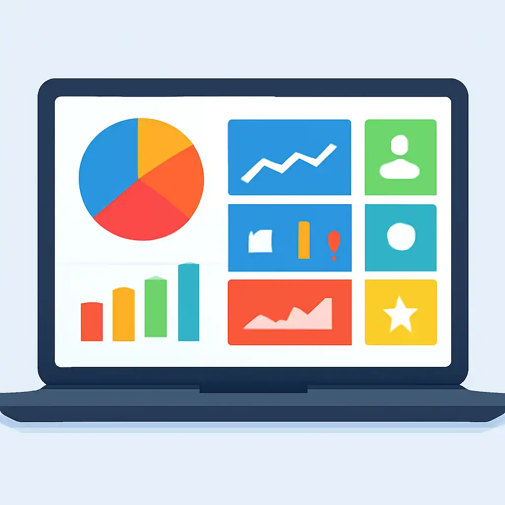 Laptop shown from the front displaying a colourful flat dashboard of abstract charts, bars and icon tiles (no text, no letters, no labels), Jai Win