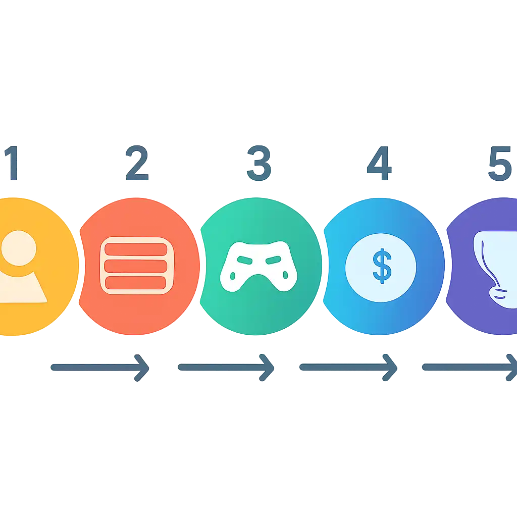Five numbered circular icons connected by arrows in a horizontal flow, flat illustration, icons only, no words, Jai Win steps